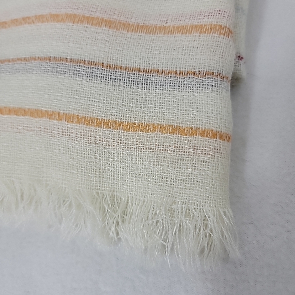 World Market Women's Ivory Red Brown Yellow Striped W/ Fringe Accent Scarf - Picture 2 of 6